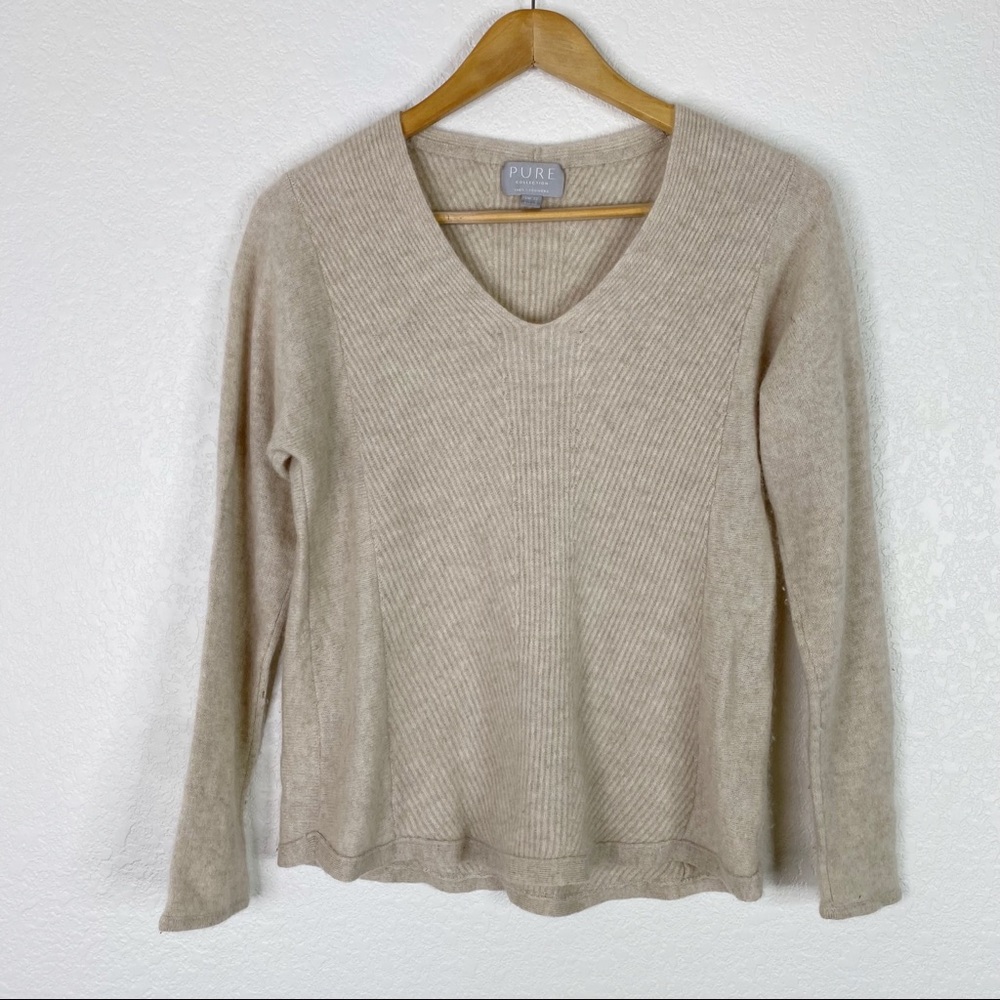 Pure Collection Tan Beige Ribbed 100% Cashmere Pullover Sweater